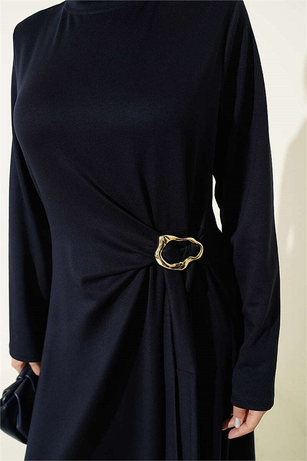Navy Blue Side-Tie Dress with Gold Buckle