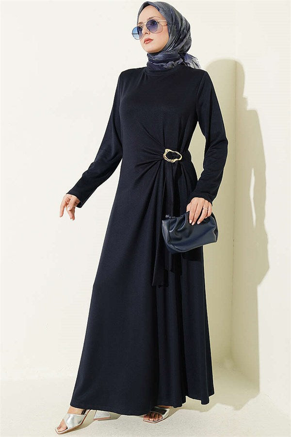 Navy Blue Side-Tie Dress with Gold Buckle