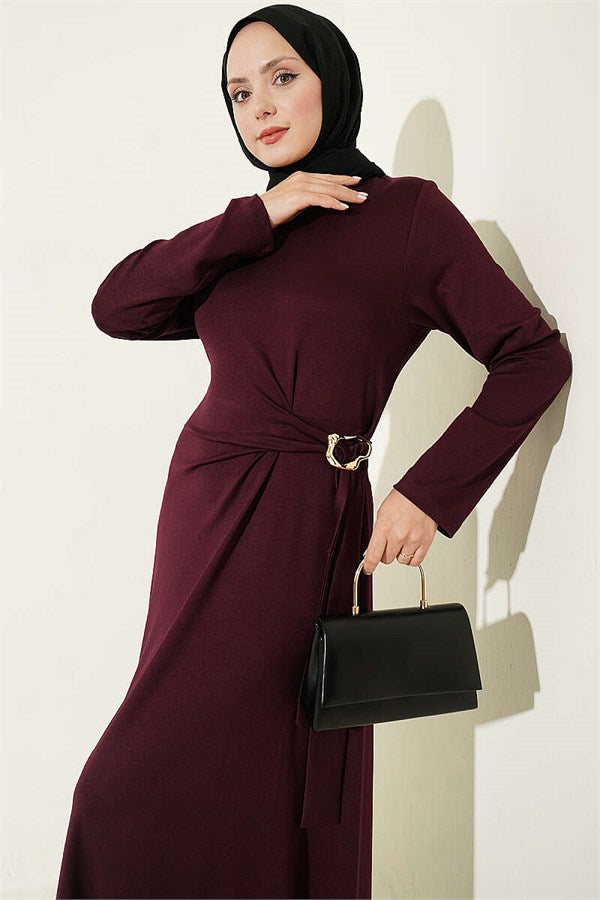 Gold Buckle Side-Tie Dress, Plum