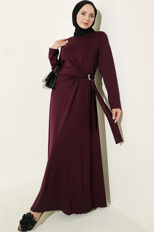 Gold Buckle Side-Tie Dress, Plum