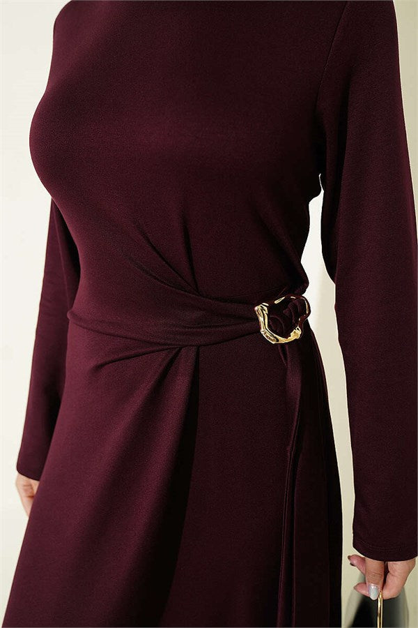 Gold Buckle Side-Tie Dress, Plum