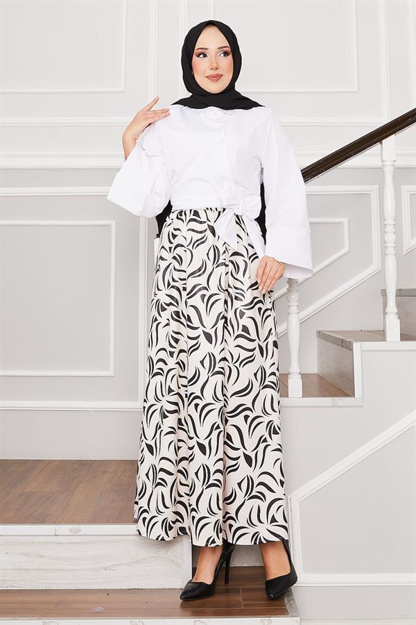 Shirt with Self Belt Wide Sleeve Skirt Suit White