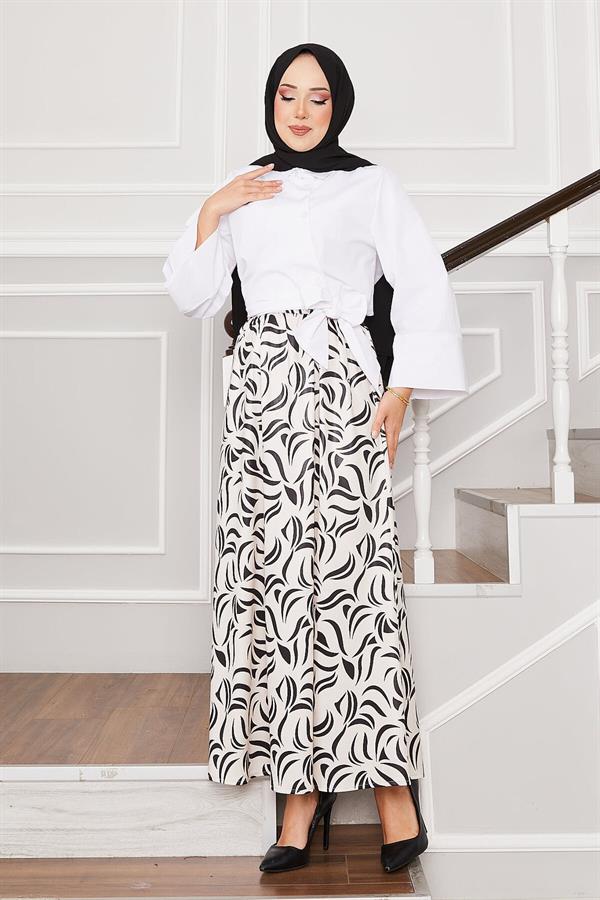 Shirt with Self Belt Wide Sleeve Skirt Suit White