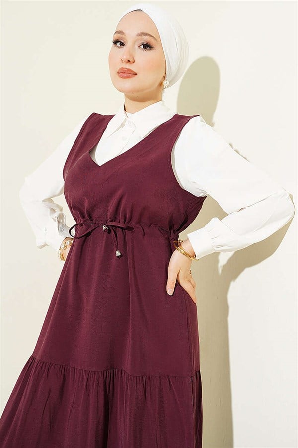 Shirt Trimmed Waist Tunnel Vest Dress Burgundy