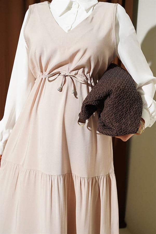 Shirt Trimmed Waist Tunnel Vest Dress Beige