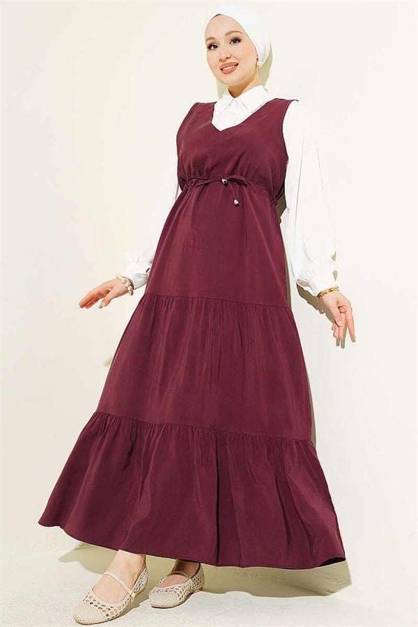 Shirt Trimmed Waist Tunnel Vest Dress Burgundy