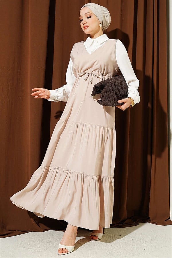 Shirt Trimmed Waist Tunnel Vest Dress Beige