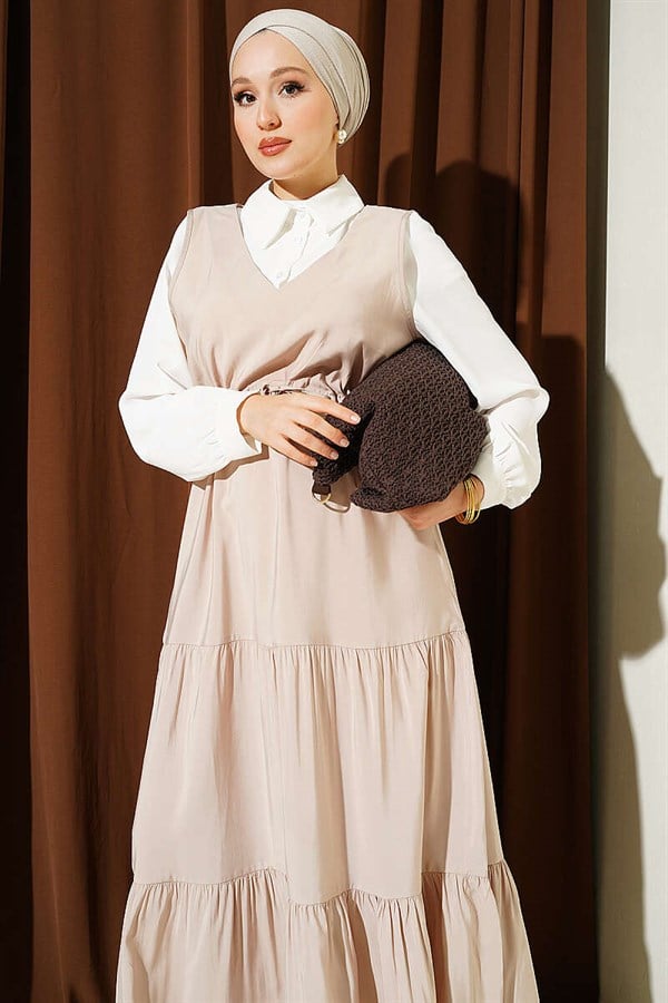 Shirt Trimmed Waist Tunnel Vest Dress Beige