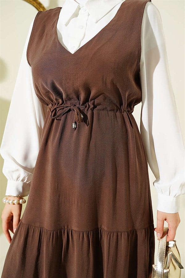 Shirt Trimmed Waist Tunnel Vest Dress Coffee