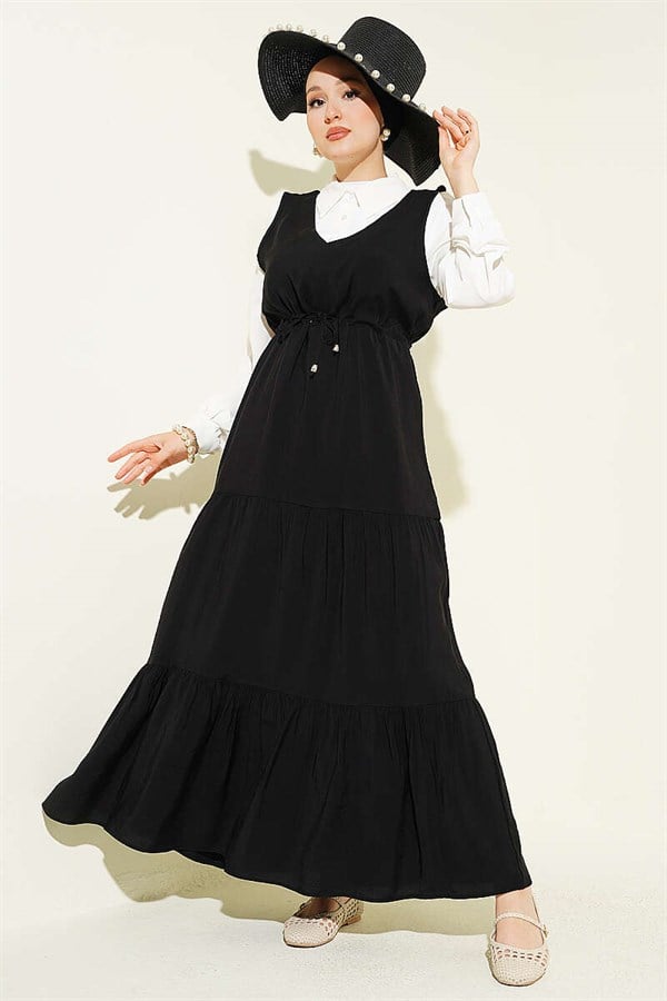 Shirt Trimmed Waist Tunnel Vest Dress Black