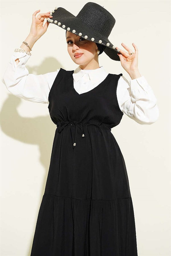 Shirt Trimmed Waist Tunnel Vest Dress Black
