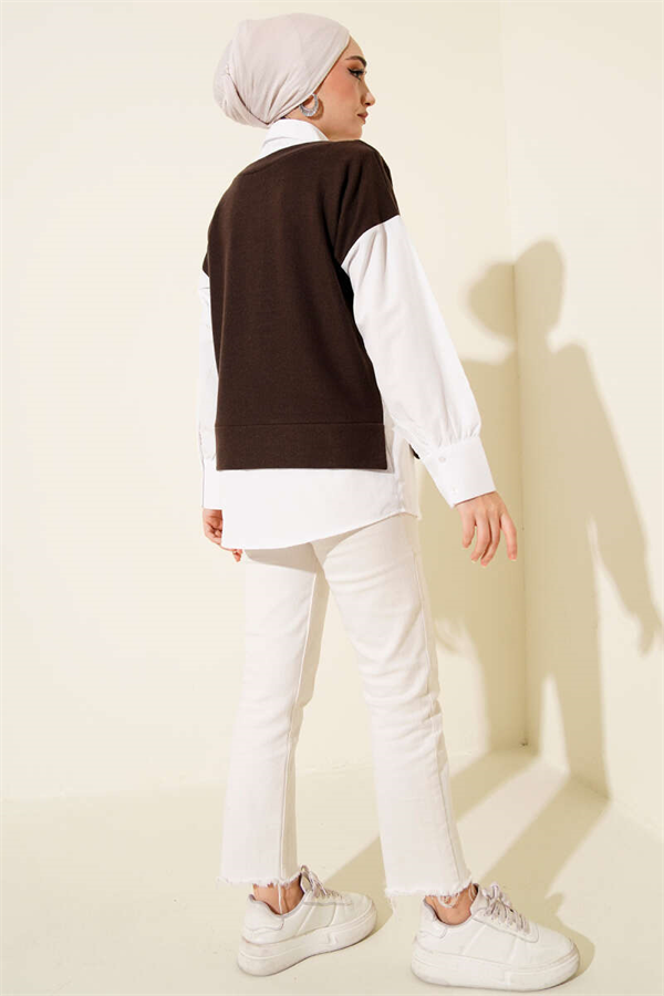 Shirt Trimmed Buttoned Tunic, Brown