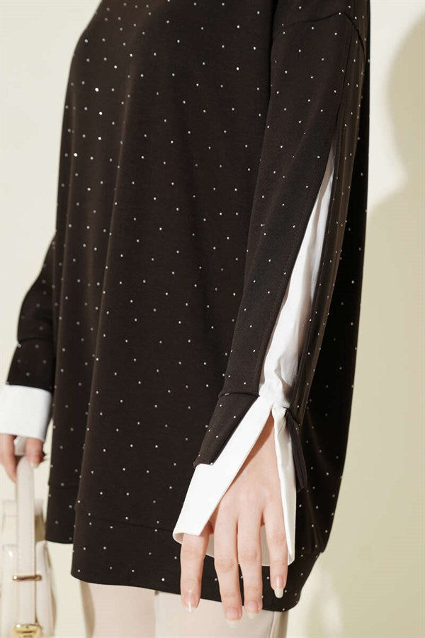 Shirt Trimmed Tunic with Stone Embellishments, Dark Brown