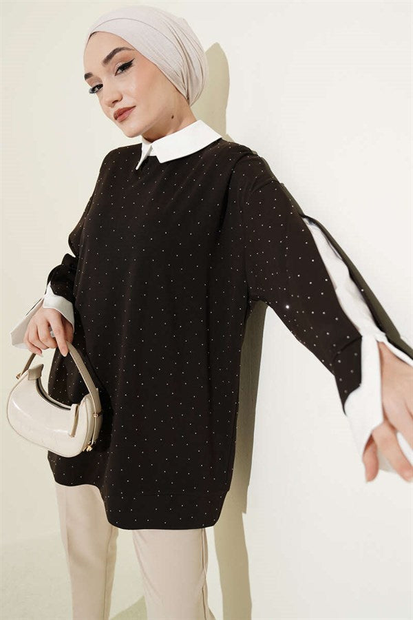 Shirt Trimmed Tunic with Stone Embellishments, Dark Brown