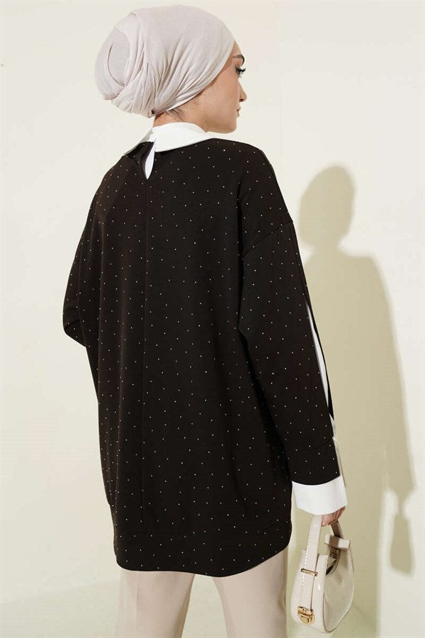 Shirt Trimmed Tunic with Stone Embellishments, Dark Brown