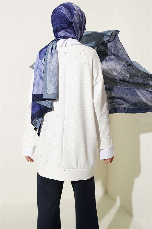 Shirt Trimmed Tunic with Stone Embellishments, Ecru