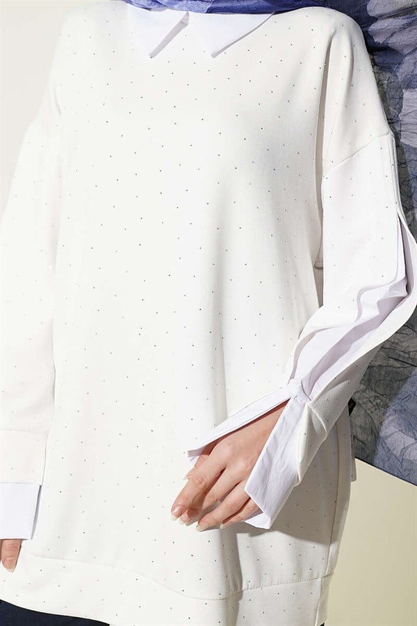 Shirt Trimmed Tunic with Stone Embellishments, Ecru