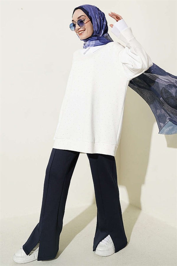 Shirt Trimmed Tunic with Stone Embellishments, Ecru