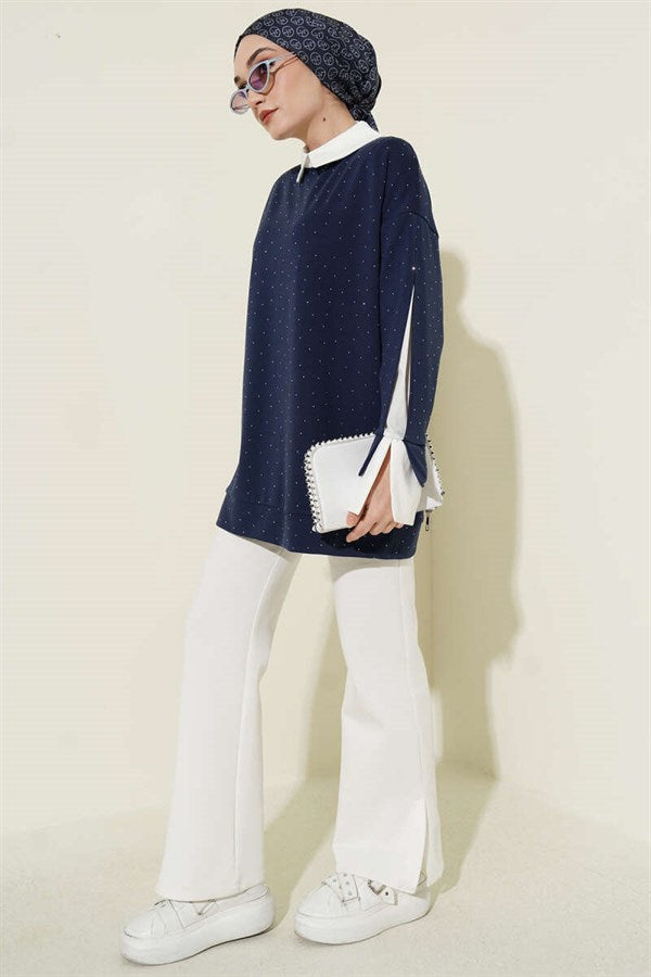 Shirt Trimmed Tunic with Stone Embellishments, Navy Blue