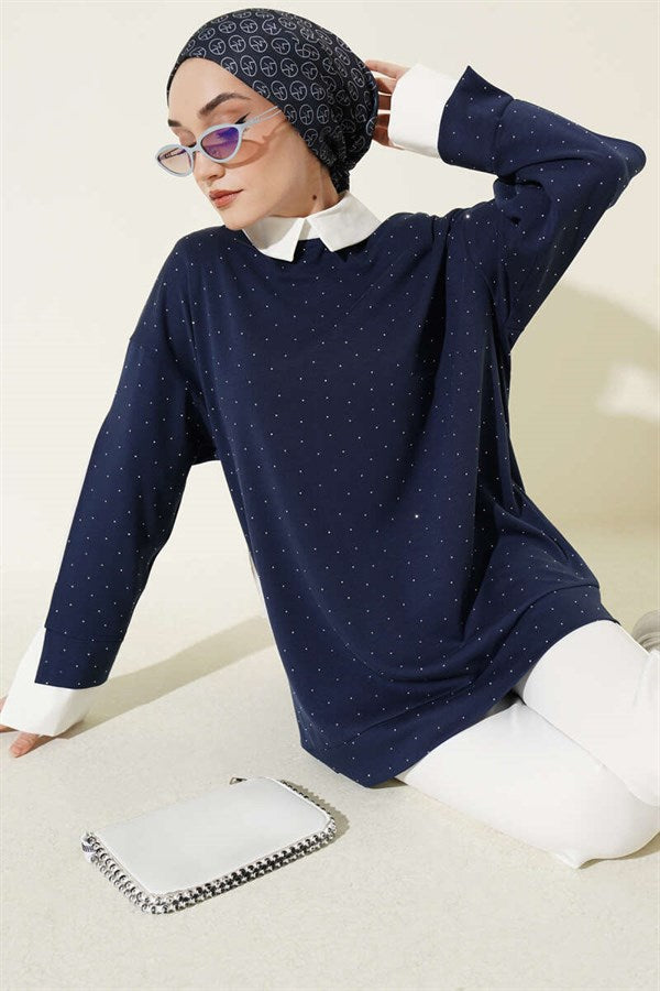 Shirt Trimmed Tunic with Stone Embellishments, Navy Blue