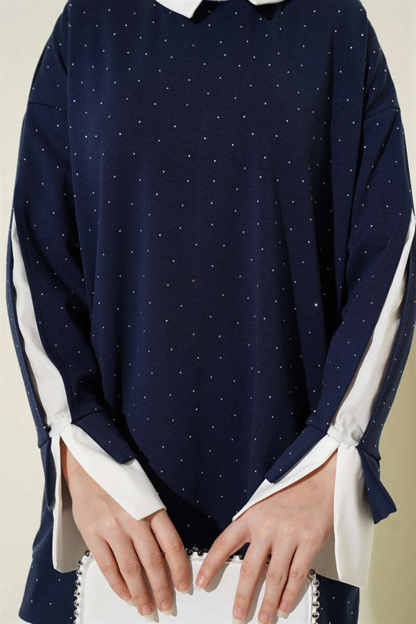 Shirt Trimmed Tunic with Stone Embellishments, Navy Blue