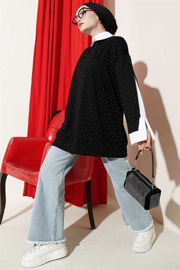 Shirt Trimmed Tunic with Stone Embellishments, Black