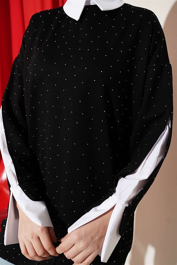 Shirt Trimmed Tunic with Stone Embellishments, Black