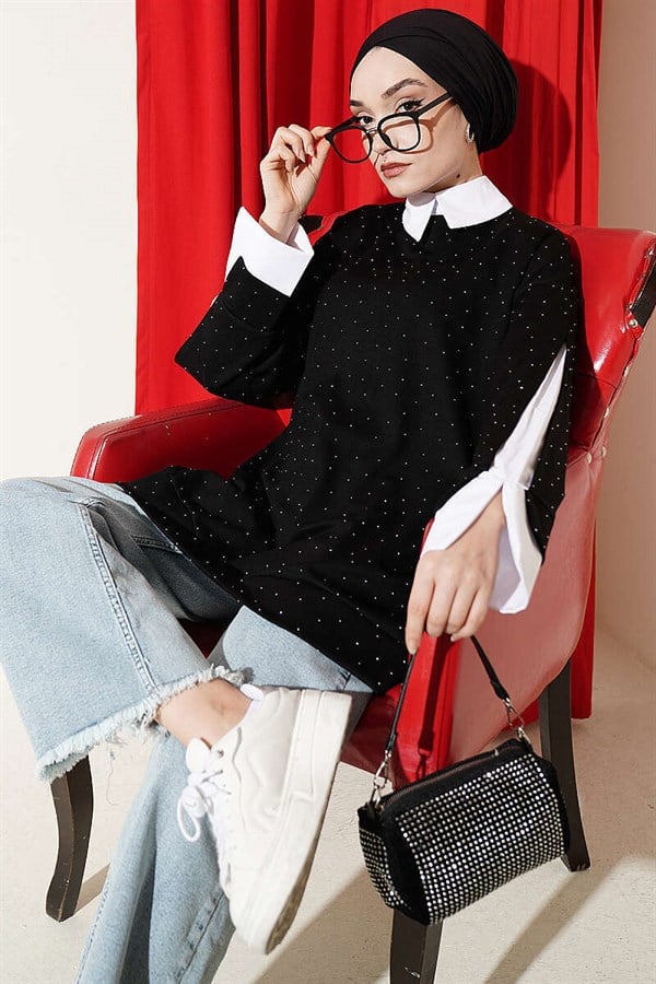 Shirt Trimmed Tunic with Stone Embellishments, Black