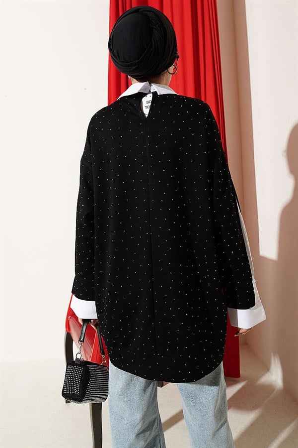 Shirt Trimmed Tunic with Stone Embellishments, Black