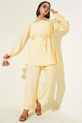 Shirt Collar Waist Rope Belted 2 Piece Set Butter Yellow