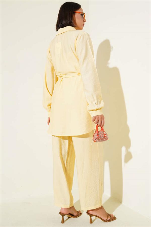 Shirt Collar Waist Rope Belted 2 Piece Set Butter Yellow