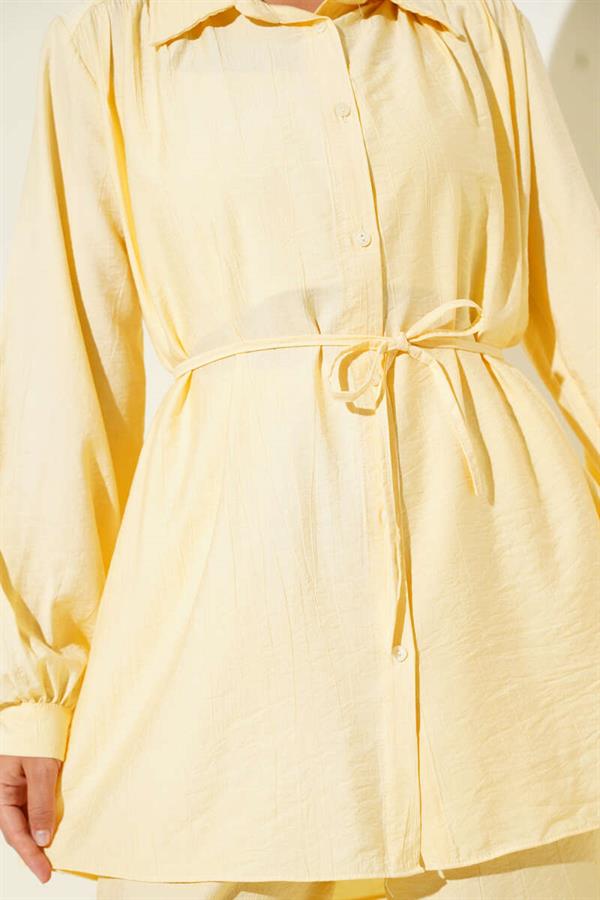 Shirt Collar Waist Rope Belted 2 Piece Set Butter Yellow