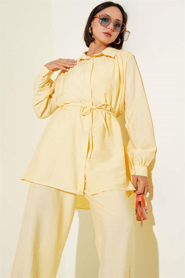 Shirt Collar Waist Rope Belted 2 Piece Set Butter Yellow