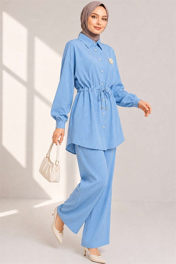 Shirt Collar 2 Piece Set with Waistline Tunnel, Baby Blue