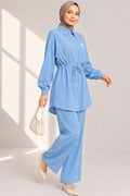 Shirt Collar 2 Piece Set with Waistline Tunnel, Baby Blue