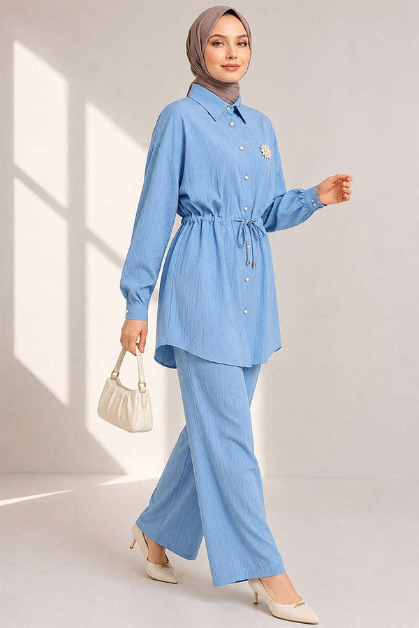 Shirt Collar 2 Piece Set with Waistline Tunnel, Baby Blue