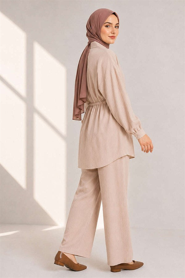 Shirt Collar 2 Piece Set with Belt Tunnel, Beige
