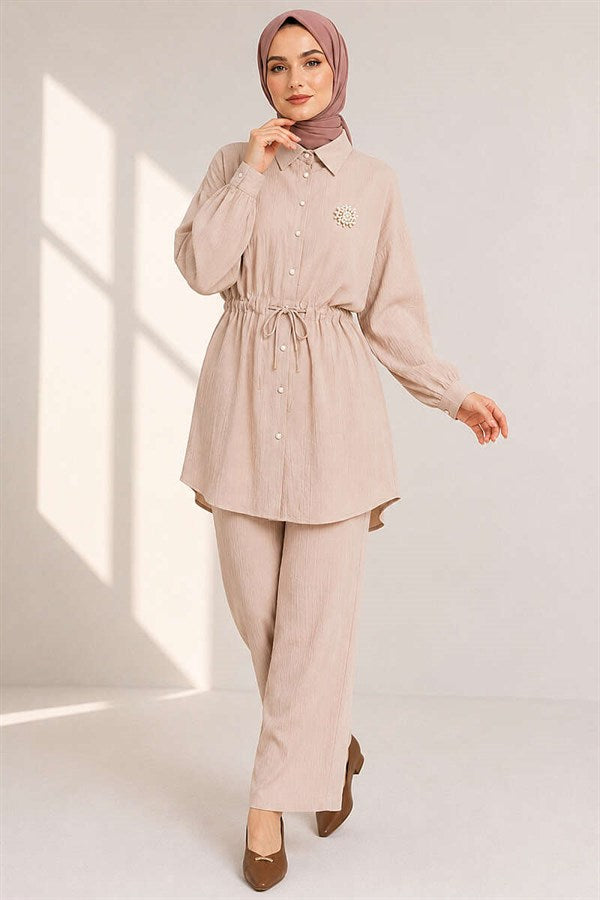 Shirt Collar 2 Piece Set with Belt Tunnel, Beige