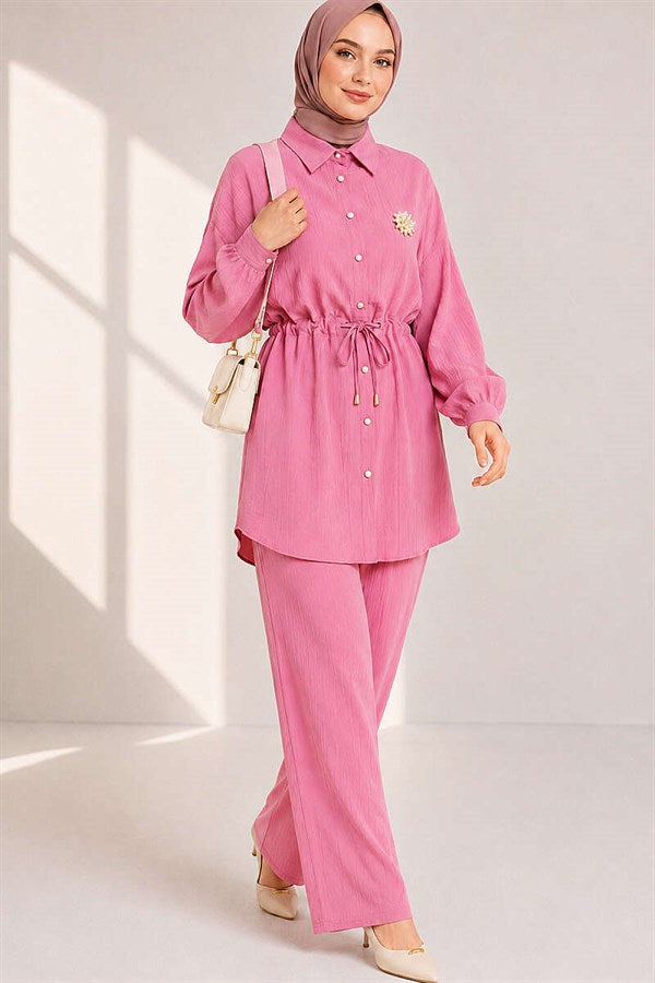 Shirt Collar 2 Piece Set with Tunnel Waist, Pink