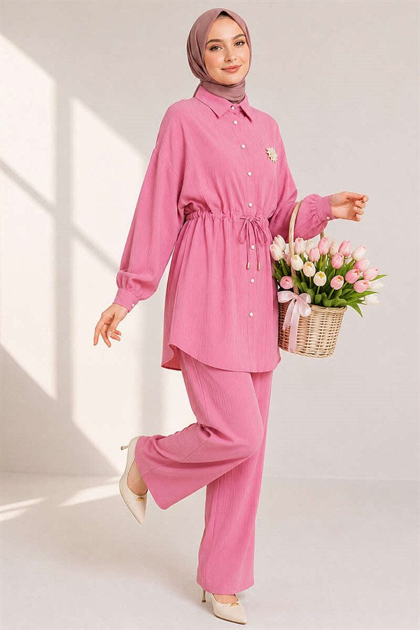 Shirt Collar 2 Piece Set with Tunnel Waist, Pink