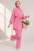 Shirt Collar 2 Piece Set with Tunnel Waist, Pink