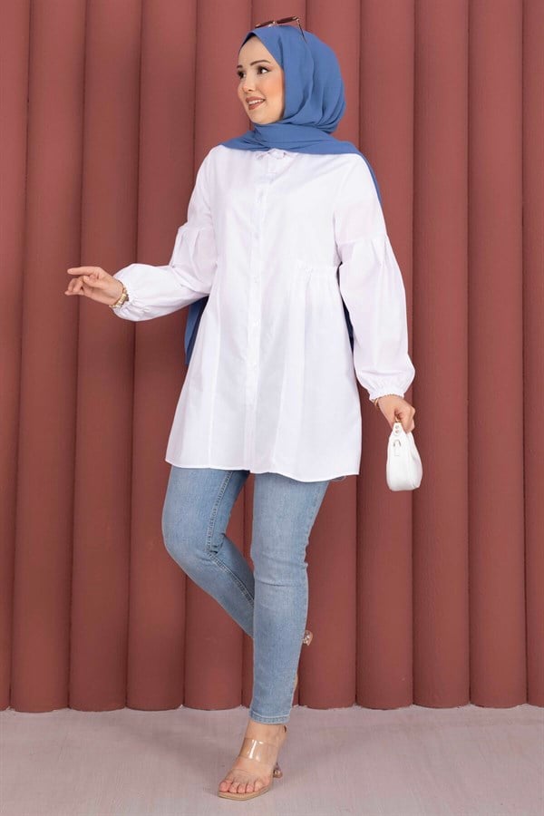 Shirt Collar Tunic with Gathered Waist Detail, White