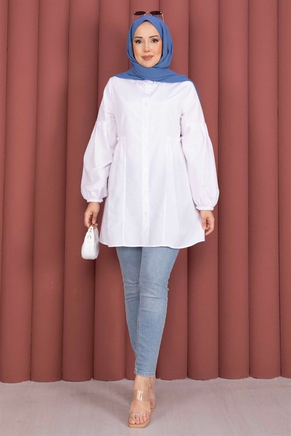 Shirt Collar Tunic with Gathered Waist Detail, White