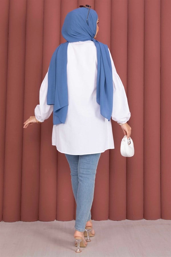 Shirt Collar Tunic with Gathered Waist Detail, White