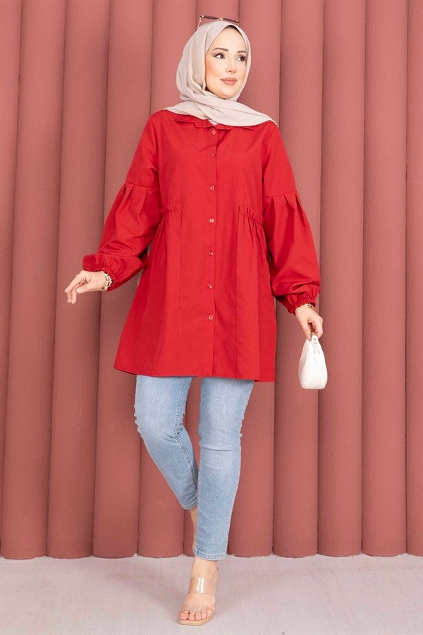 Shirt Collar Tunic with Gathered Waist Detail, Red