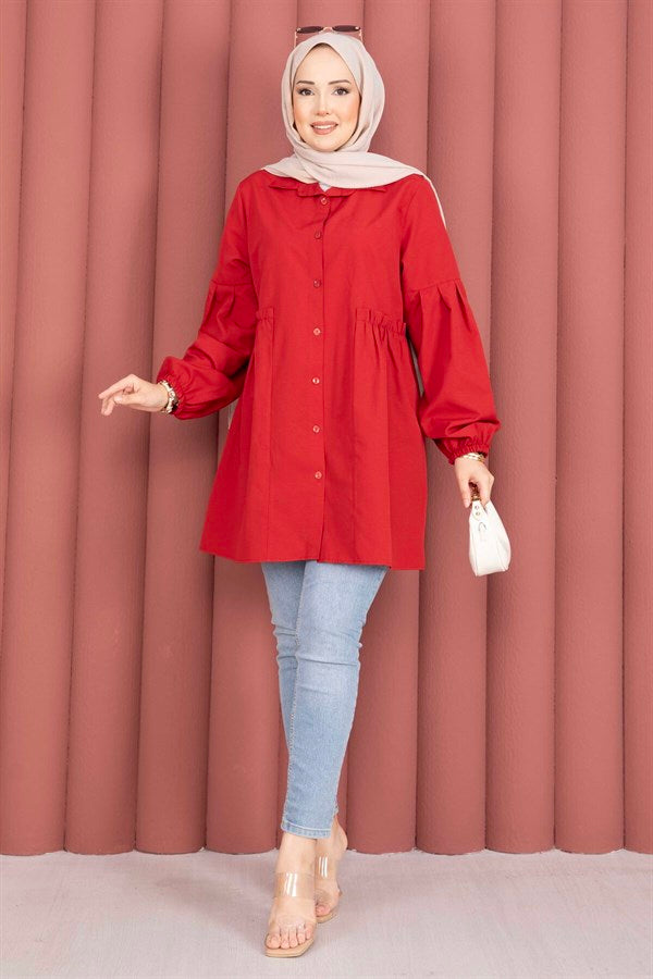 Shirt Collar Tunic with Gathered Waist Detail, Red