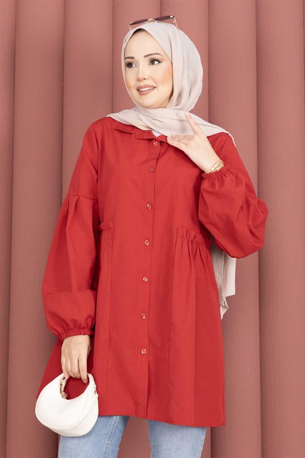 Shirt Collar Tunic with Gathered Waist Detail, Red