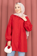Shirt Collar Tunic with Gathered Waist Detail, Red