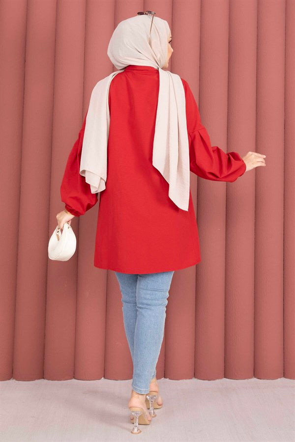 Shirt Collar Tunic with Gathered Waist Detail, Red