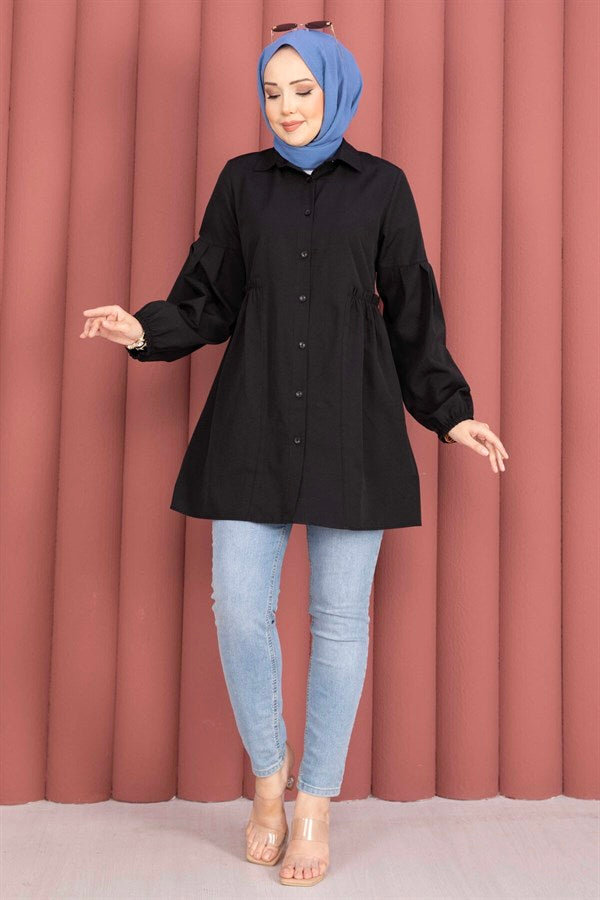 Shirt Collar Tunic with Gathered Waist Detail, Black